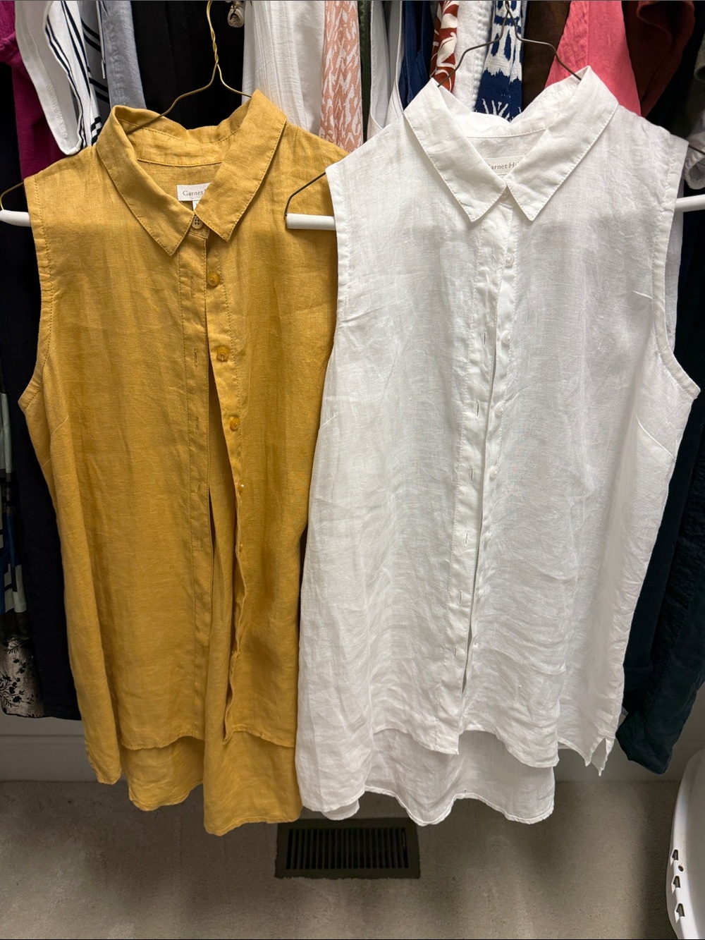 Garnet Hill Sleeveless Linen Button-Front Tops in Mustard and White